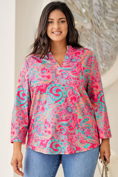 Printed Notched Long Sleeve Blouse