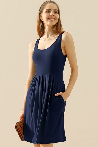 Doublju Round Neck Ruched Sleeveless Dress with Pockets