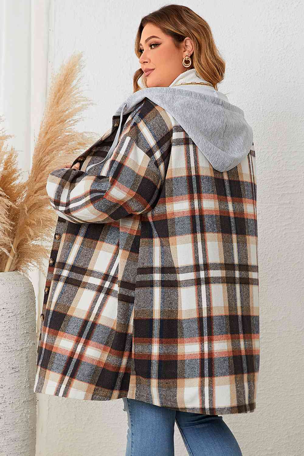 Plaid Drop Shoulder Hooded Coat