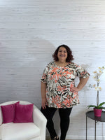 Kensley black orange animal print top with ruffle sleeve