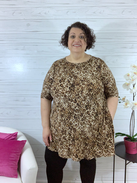 Christina brown animal print swing tunic top with pockets