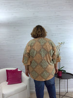 Irene green tan print top with 3/4 ruffled sleeves